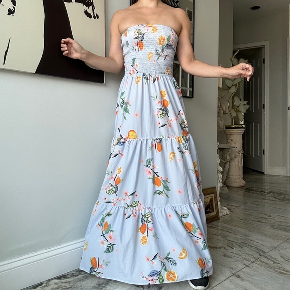 Sky Blue and Orange Tree Patterned Maxi Strapless Dress - Picture 5 of 6